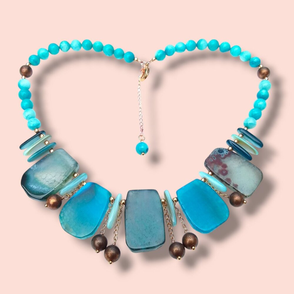 Bib Necklace Crackle Agate Aqua Shell Beaded Rose Gold Plated 16.5in Custom OOAK